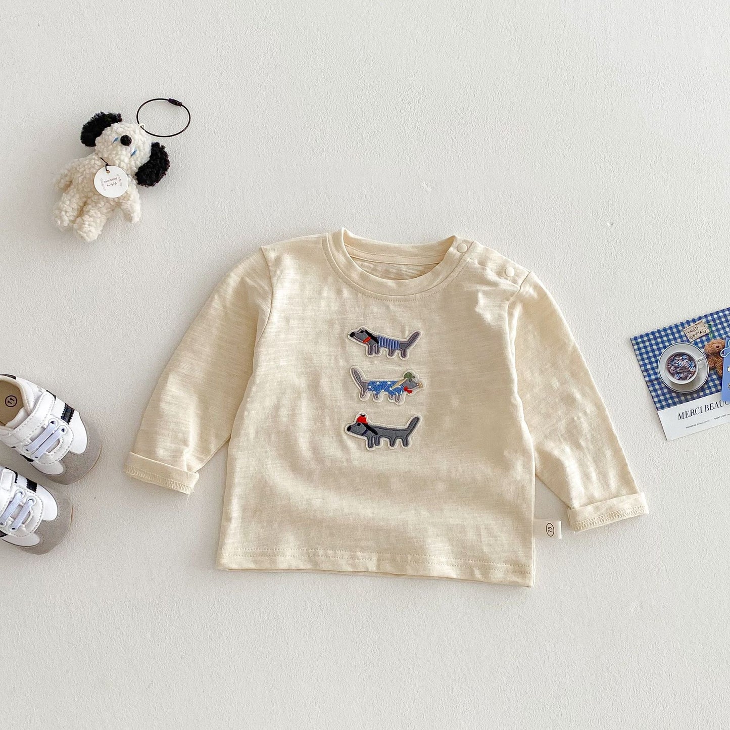 Children's Left Right Patch Cartoon Dog Bottoming Shirt Boy Loose Long Children's T-shirt