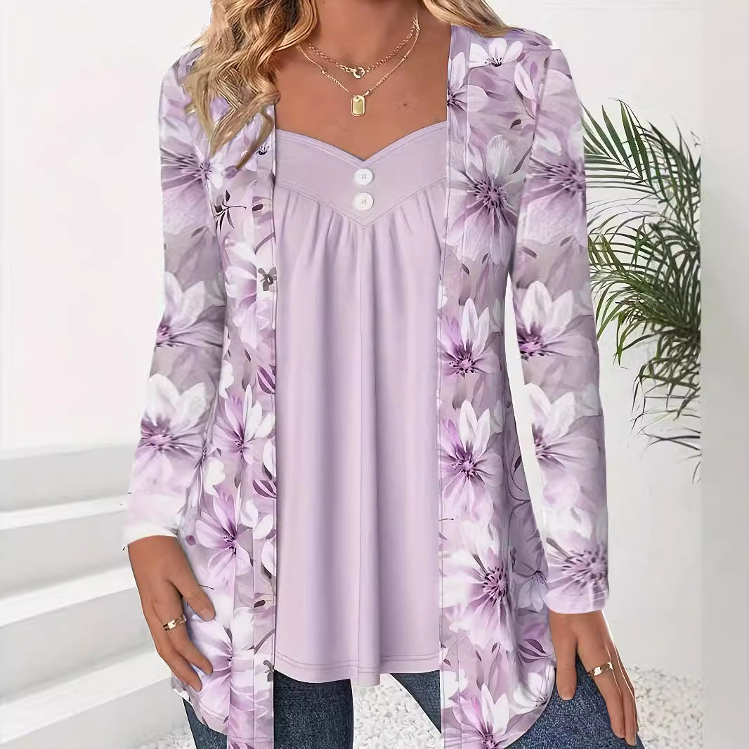 Women's Fake Two-piece Printed Fashion Button Long-sleeved Tops