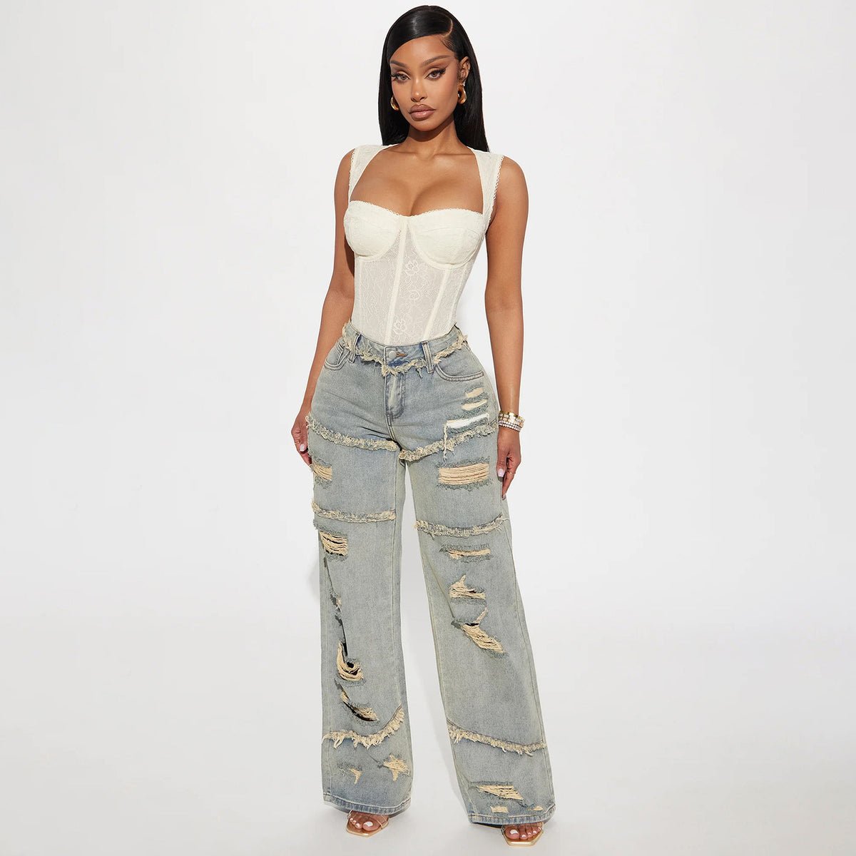 Women's Ripped Denim Trousers Loose Wide Leg Heavy High Street Ruffle Women's Jeans