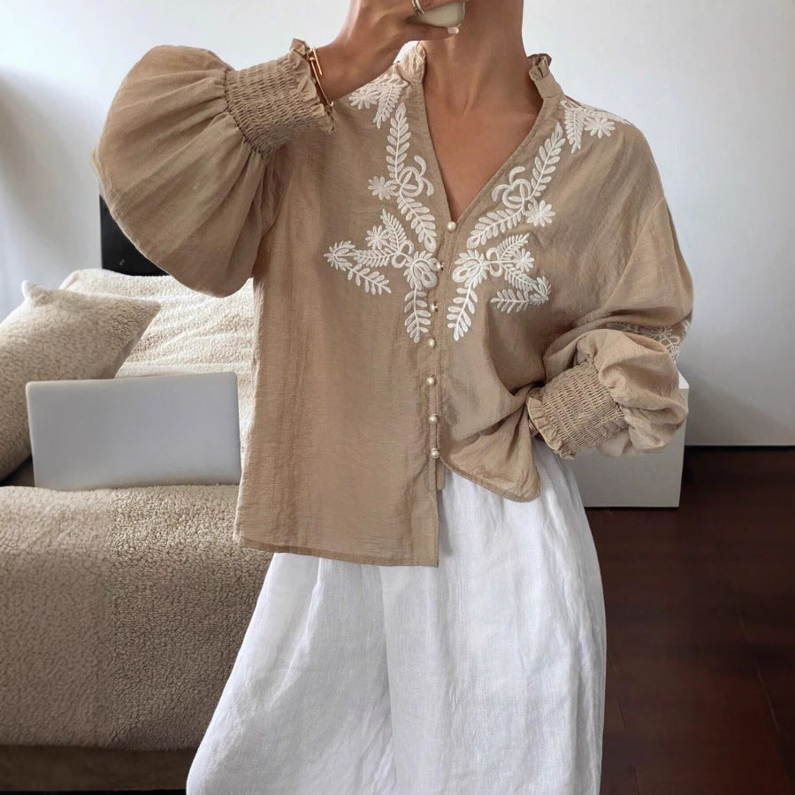 Women's Autumn Embroidered Floral Button Long Sleeve Blouse