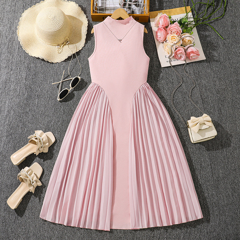 Fashion Stand Collar Elegant Pleated Patchwork Children's Dress