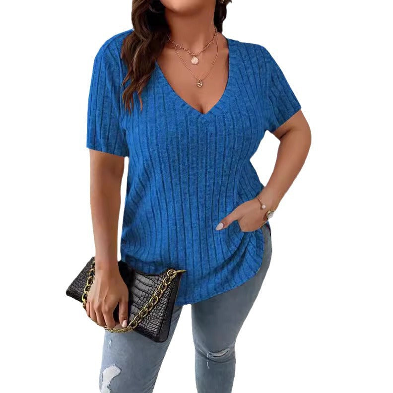 Women's Solid Color Elegant Sunken Stripe Sleeve Women's T-shirt