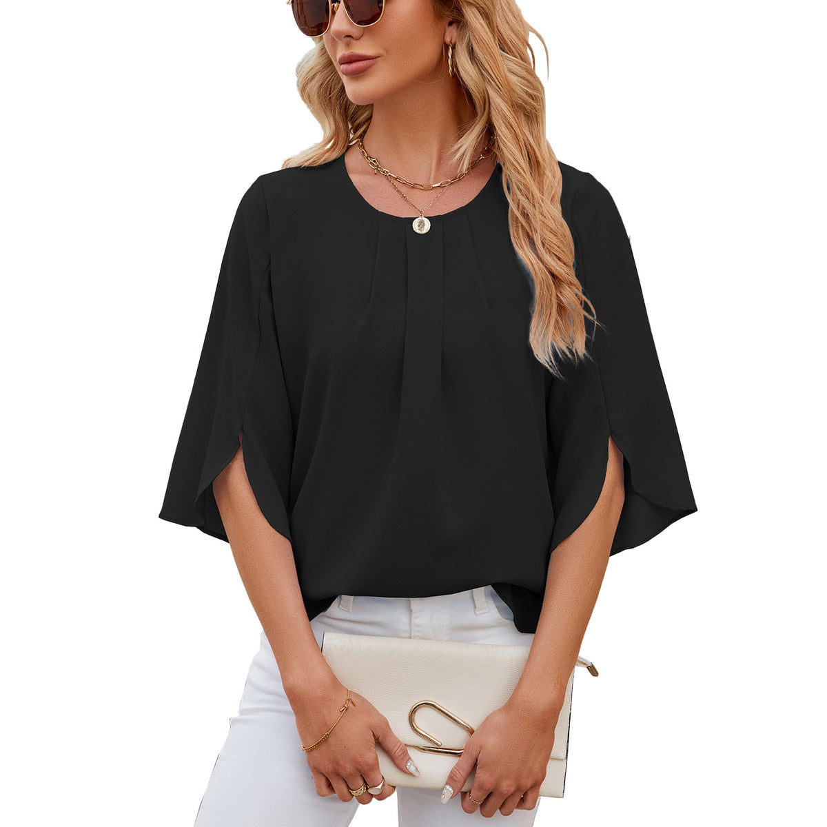 Women's Color Round Neck Half Sleeve Loose Lace Shirt, Chiffon Shirt