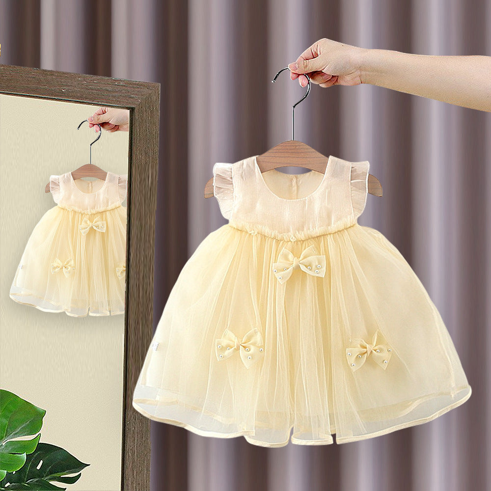 Children's Summer Twilight Yarn Flounced Sleeve Princess Bow Children's Dress