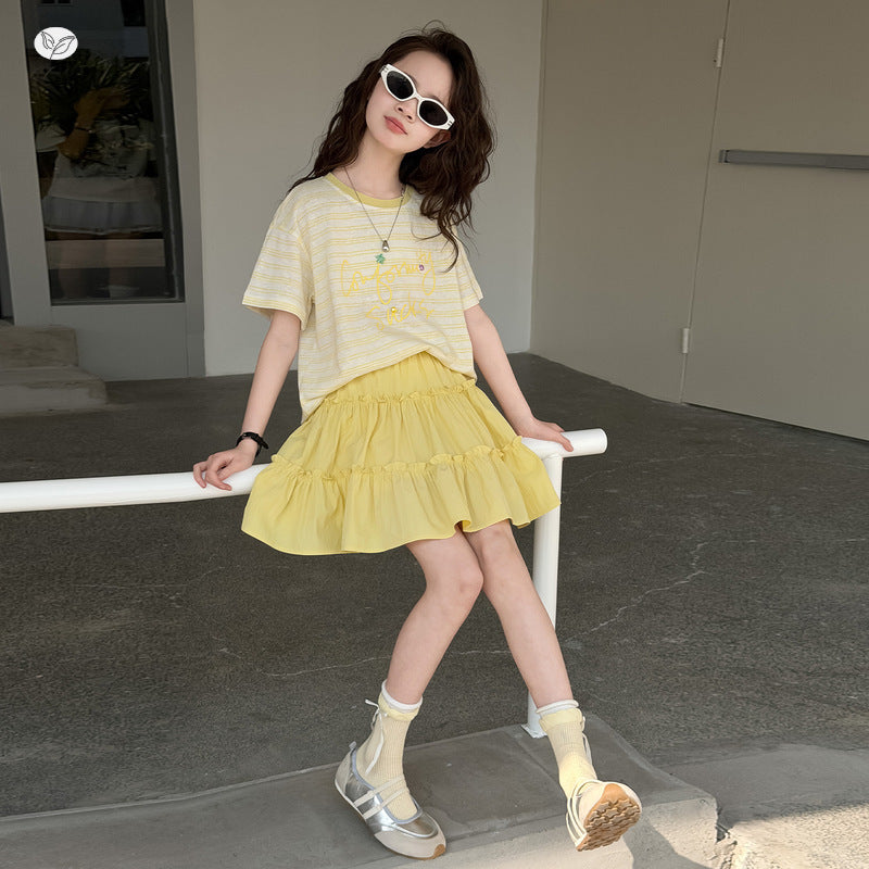 Summer Clothing Middle Big Sweet Stripes T-shirt Lace Skirt Short Children's Suit
