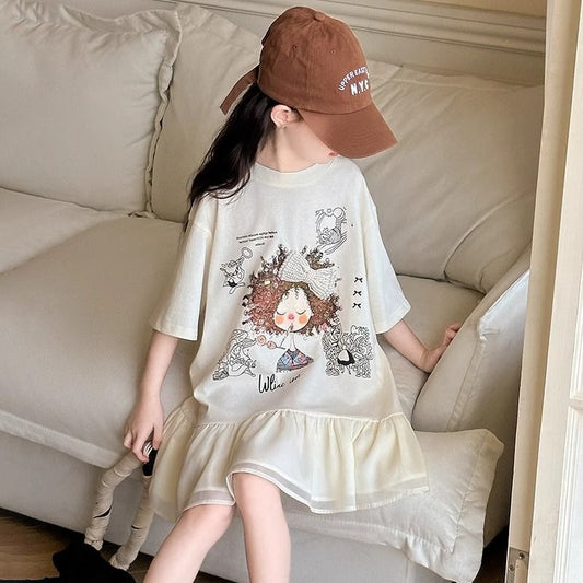 Women's & Children's Cotton Summer Western Style Cartoon T-shirt Skirt Teenager Clothing Children's Dress