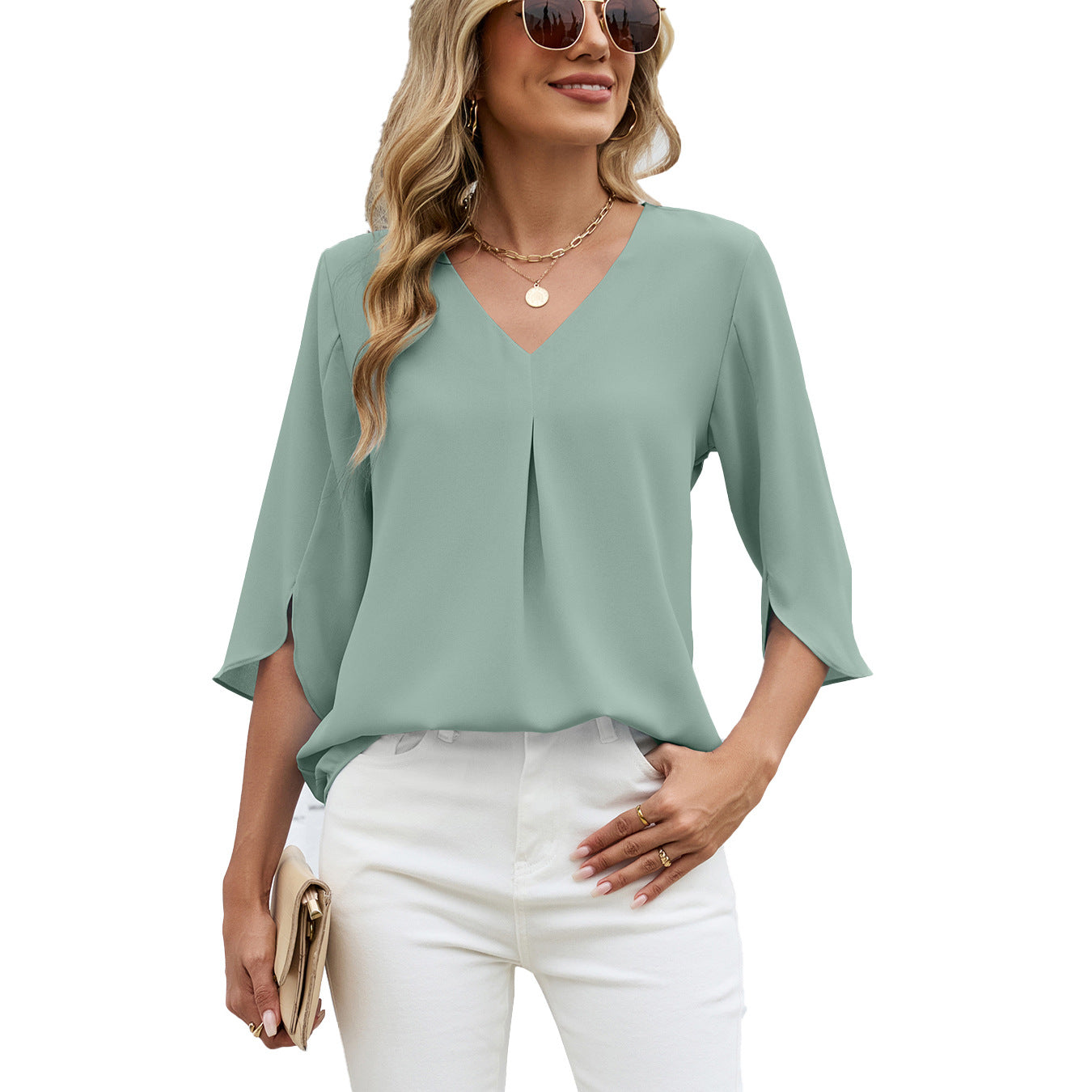 Women's Fashion Half Sleeve Pleated Loose-fitting Tops