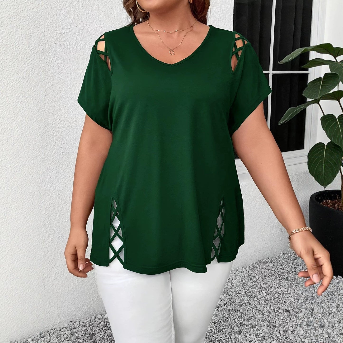 Women's Summer Solid Color Cross Sleeve Slimming Large Size T-shirt