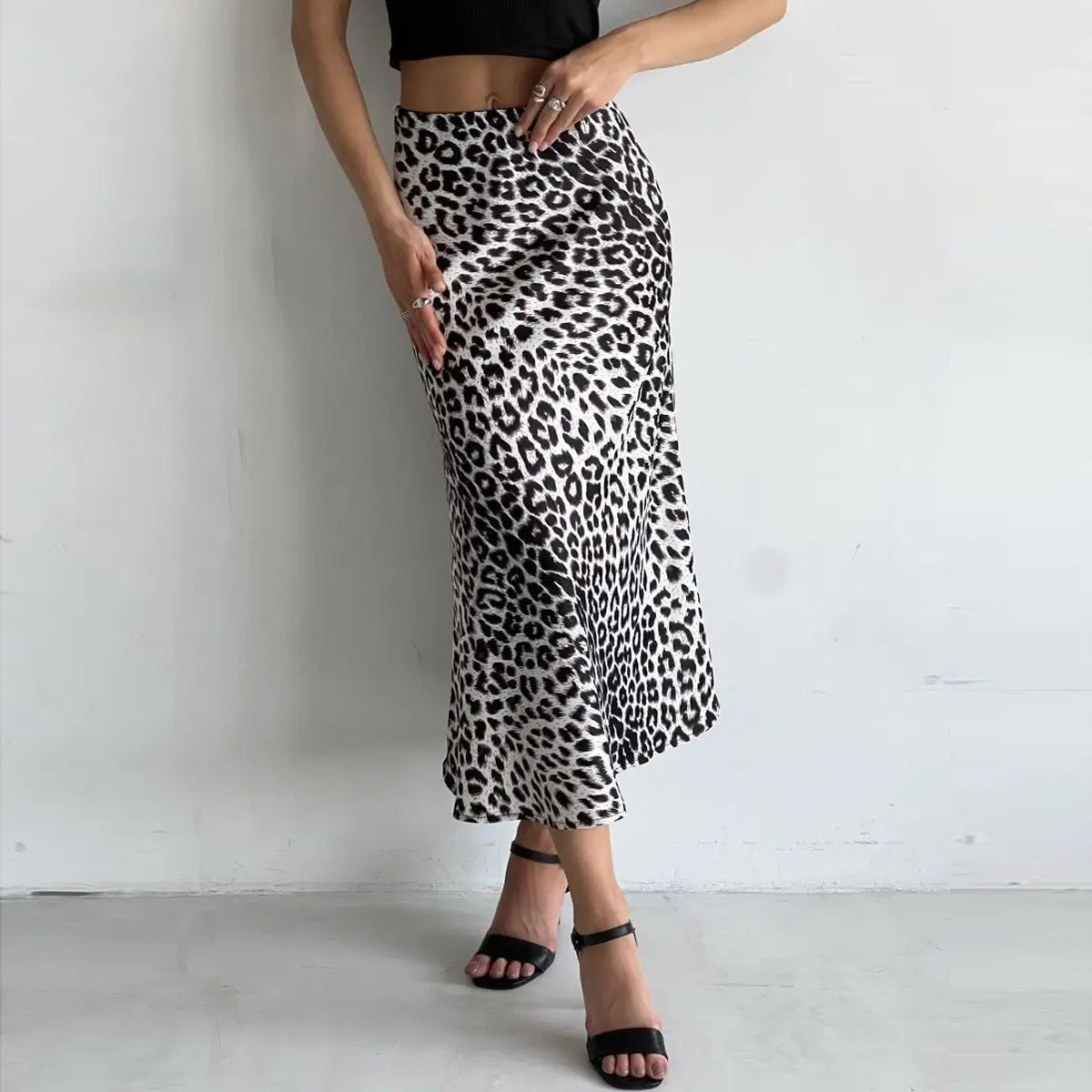 Satin Leopard Print Long Elastic Silky High Skirt