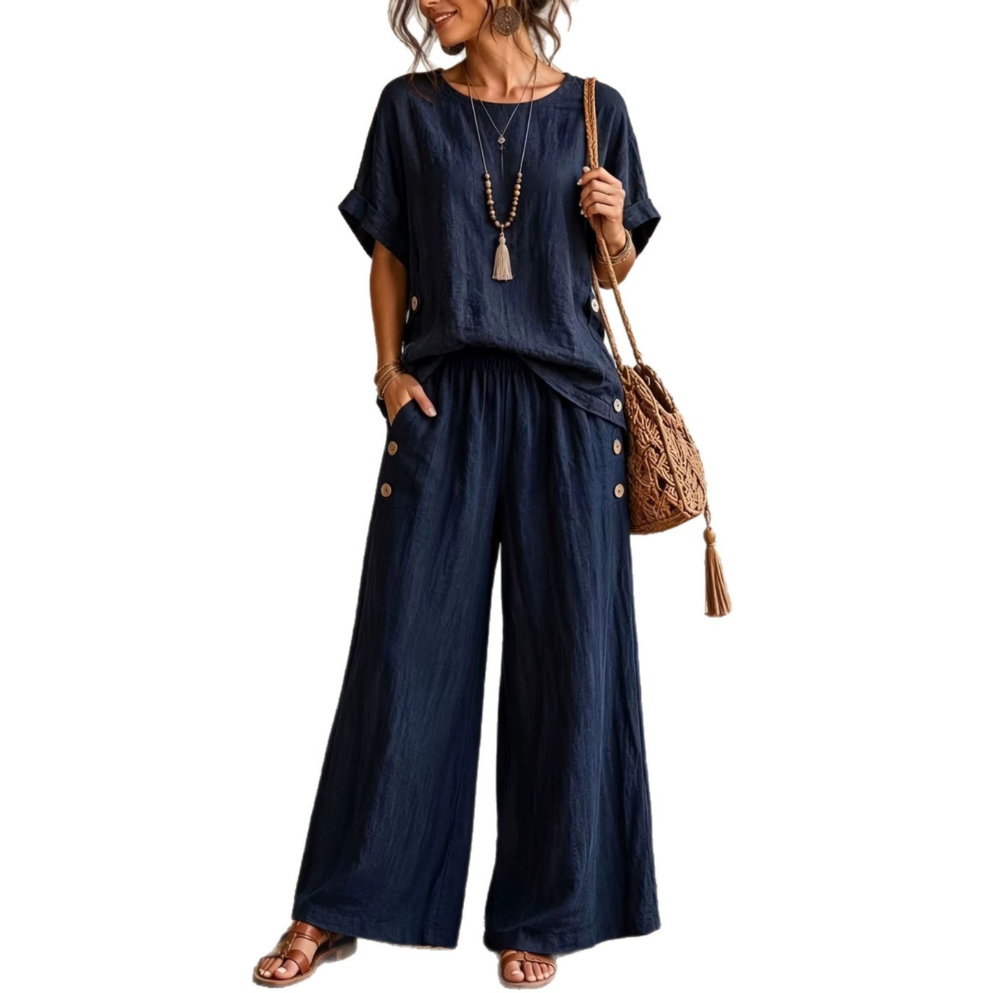 Women's Linen Round Neck Sleeve High Waist Loose Wide Leg Fashion Casual Suit