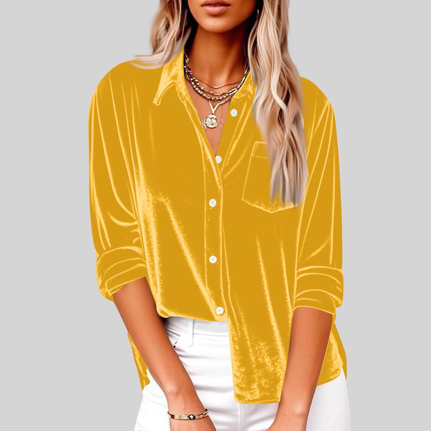 Women's Fashion Casual Long Sleeve Lapel Gold Veet Loose With Blouse