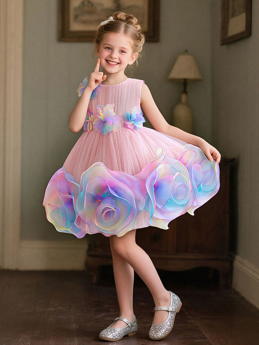 Colorful Flower Mesh Princess Little Wedding Dinner Children's Dress