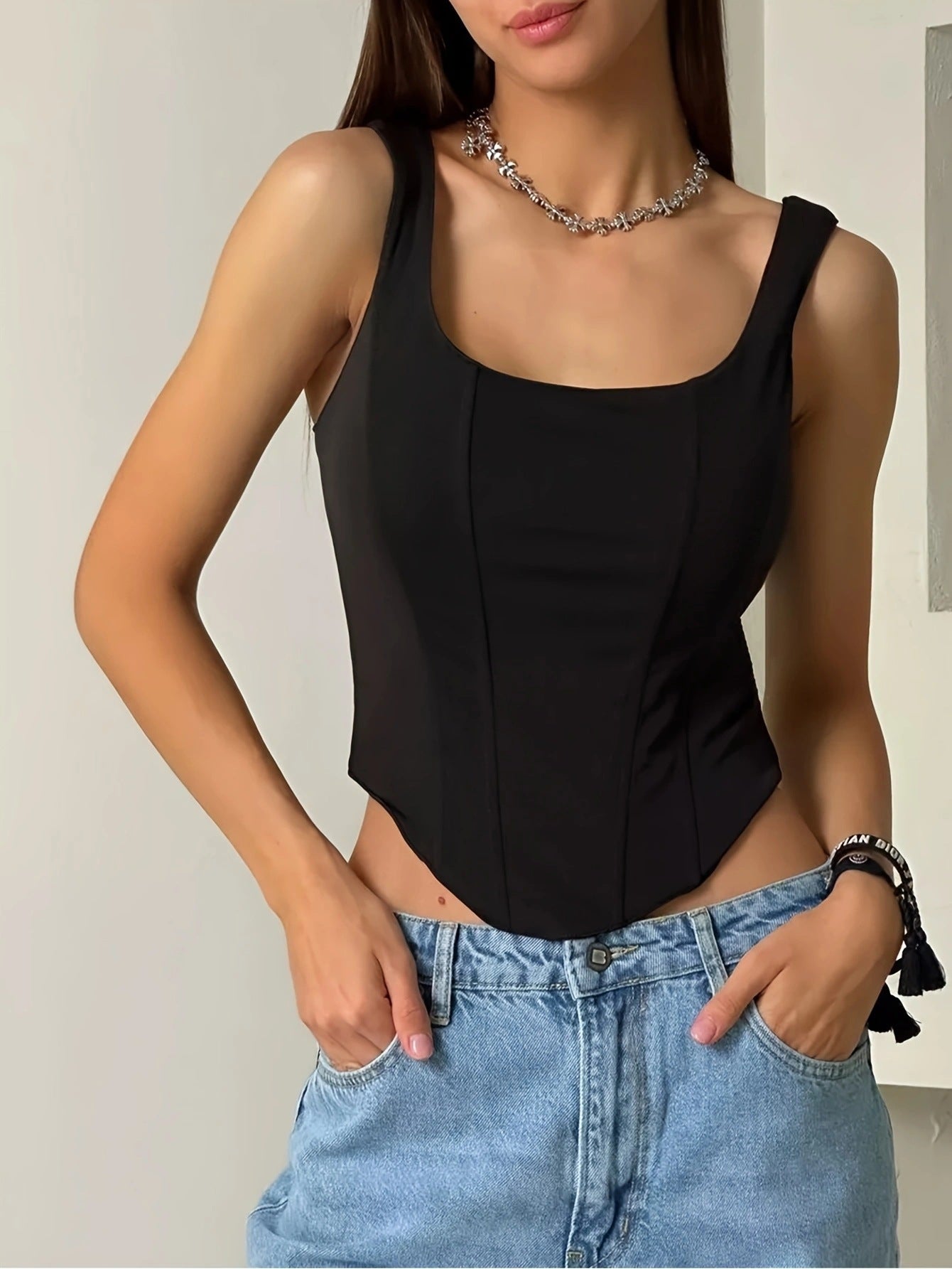 Women's Fishbone Bra Square Collar Backless Underwaist Tops