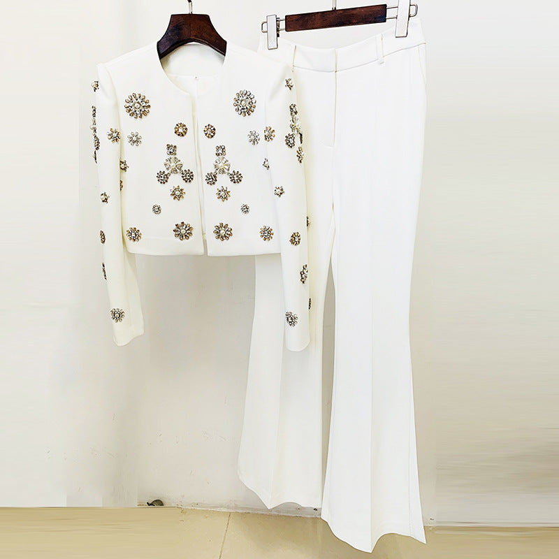 Stylish Round Neck Bead Split Flared Fashion Casual Suit