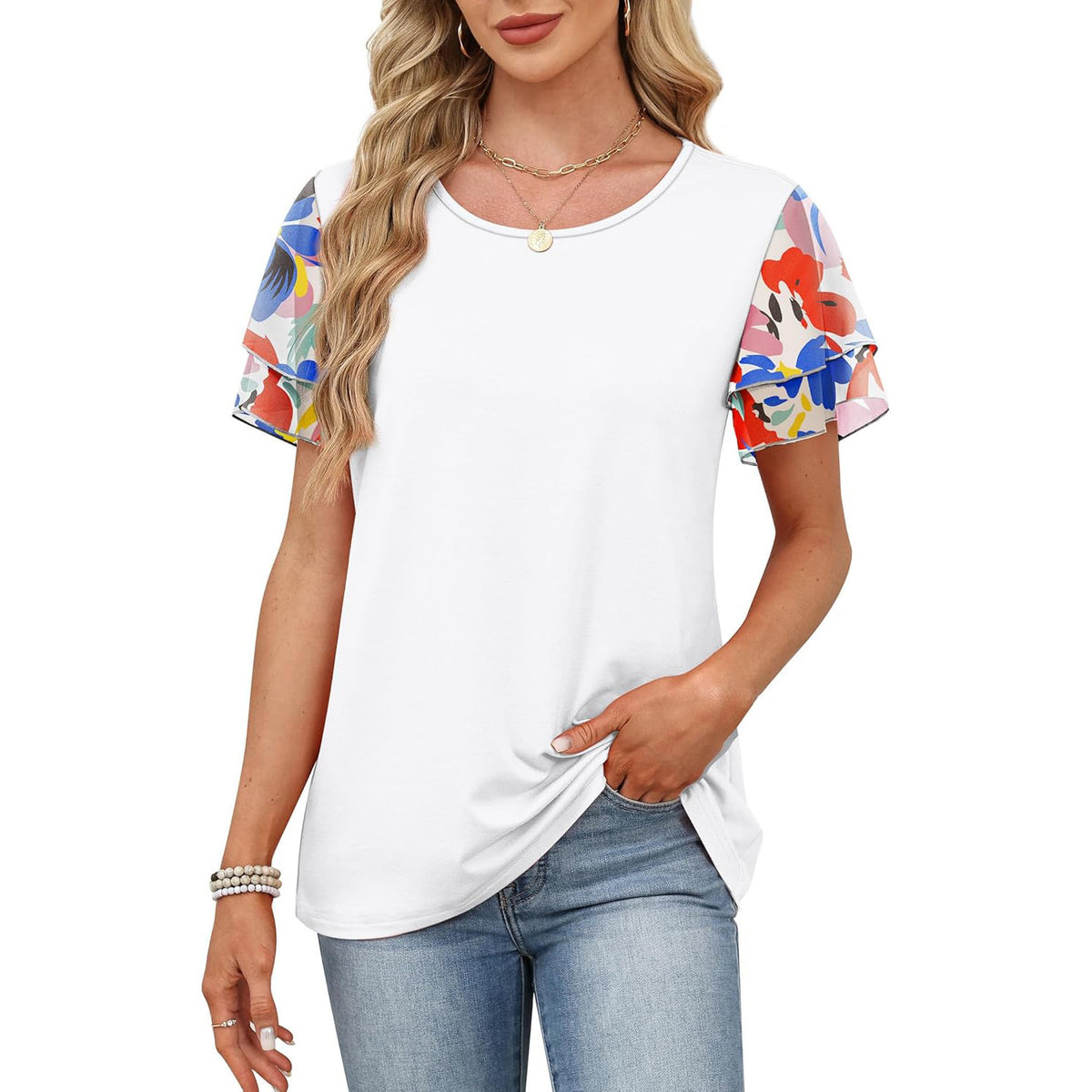 Women's Round Neck Printed Contrast Color Double Tops