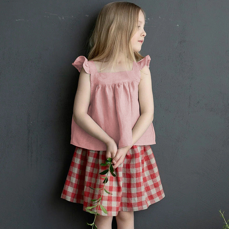 Linen Mori Summer Flounced Sleeve Suspender Skirt Loose Children's Dress