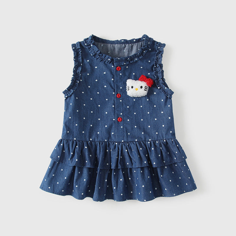 Children's Polka Dot Wooden Ear Skirt Cartoon Cat Princess Contrasting Red Children's Dress