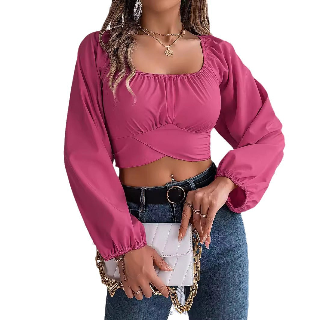 Graceful Women's Casual Lantern Sleeve Waist Lace Shirt, Chiffon Shirt