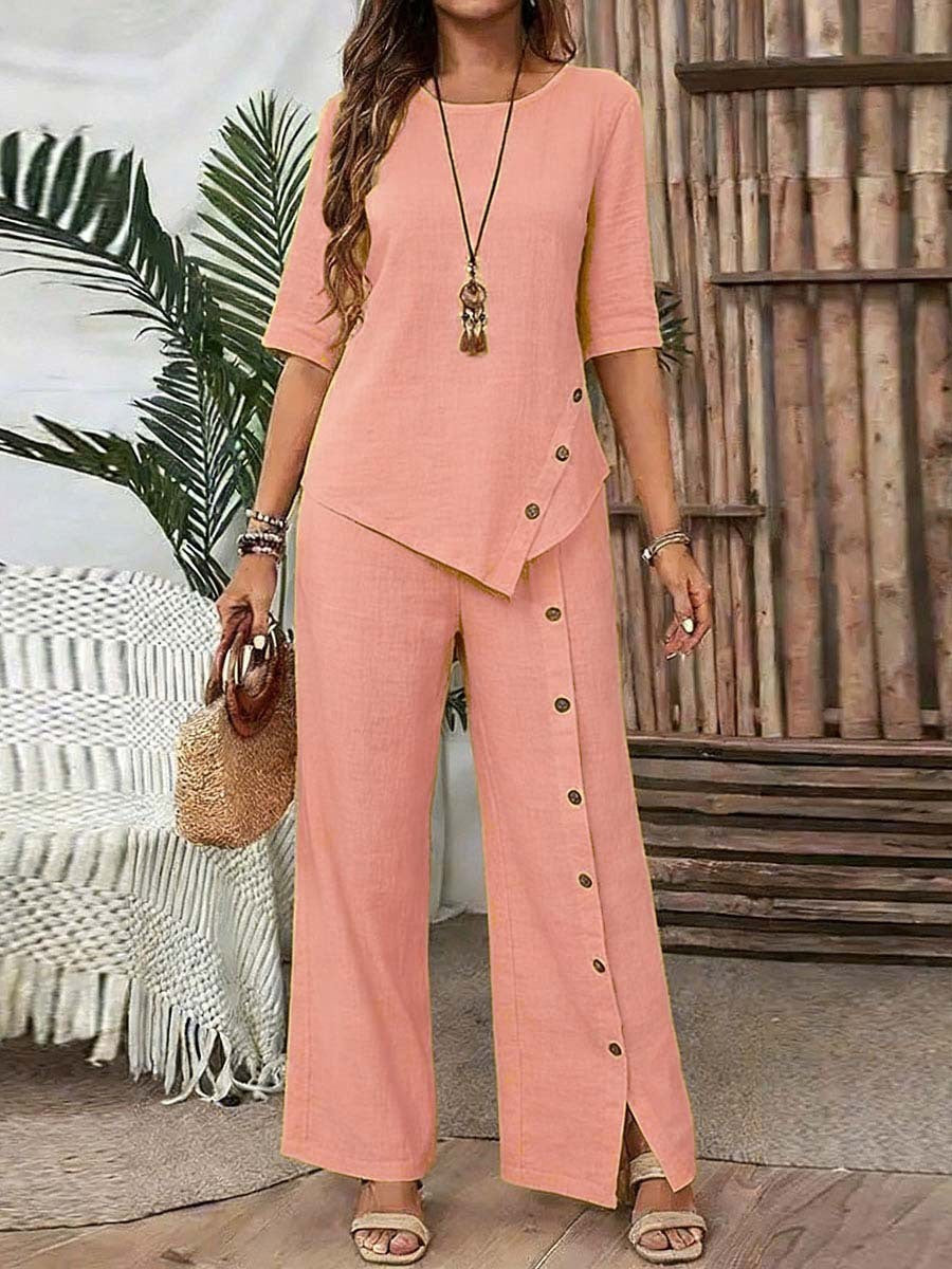 Women's Irregular Hem Trousers Button Half Sleeve Suits