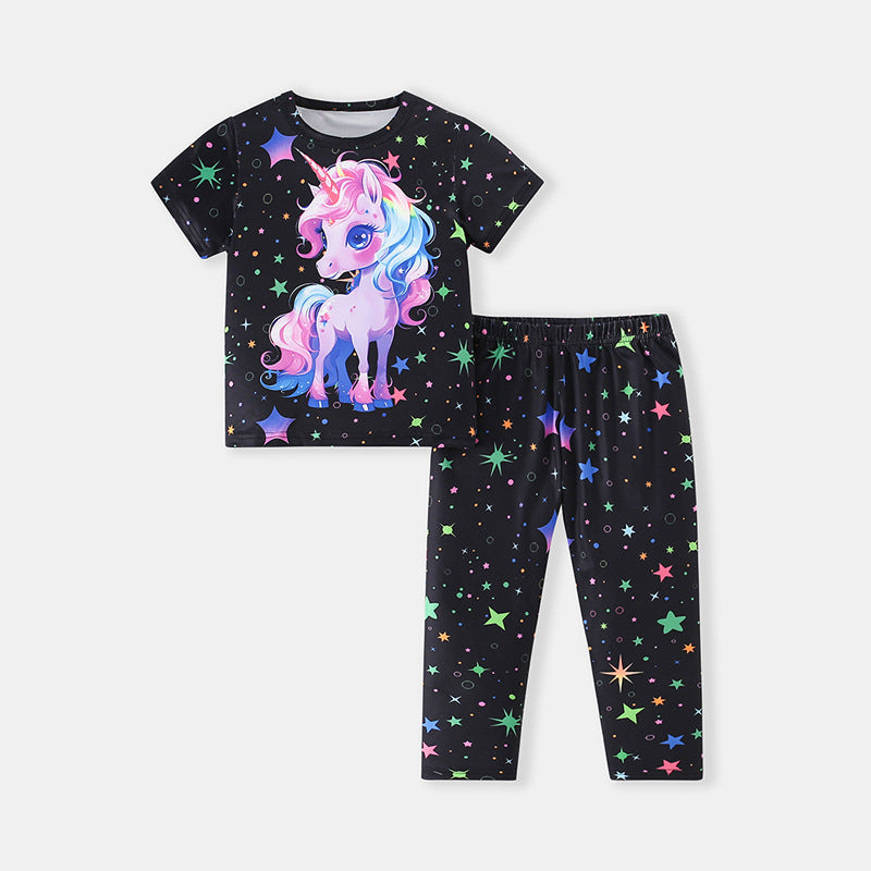 Children's Summer Short-sleeved Trousers Cartoon Unicorn Two-piece Children's Suit