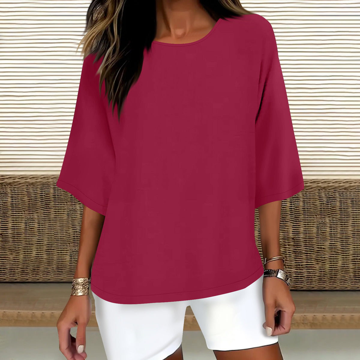 Women's Three-quarter Sleeve Round Neck Cotton Linen Blouse