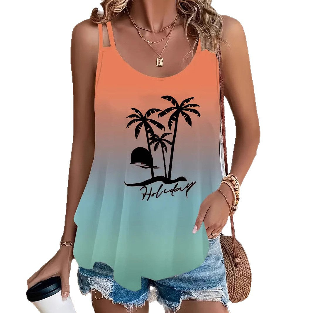 Women's Round Neck Gradient Printing Sleeveless Shoulder Large Size T-shirt