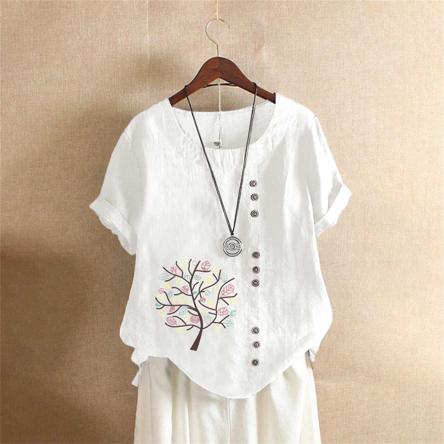 Women's Retro Large Casual Loose Cotton Linen Sleeve Pullover Happiness Women's T-shirt