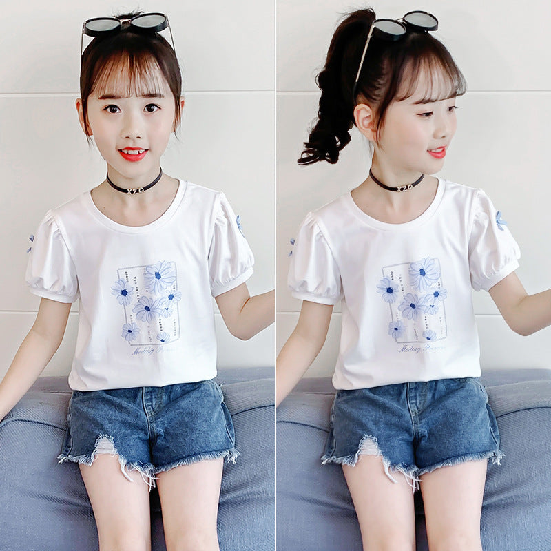 Children's Summer Clothes Western Style Puff Sleeve Top Medium Big Cotton Children's T-shirt