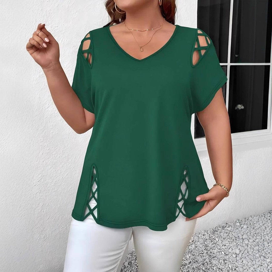 Women's Summer Casual Short-sleeved Shoulder Side Cross Large Size T-shirt