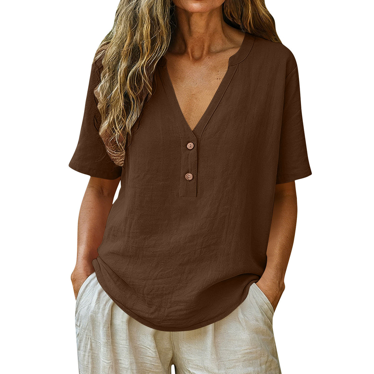 Women's Solid Color Button Fashion Sleeve Women's T-shirt