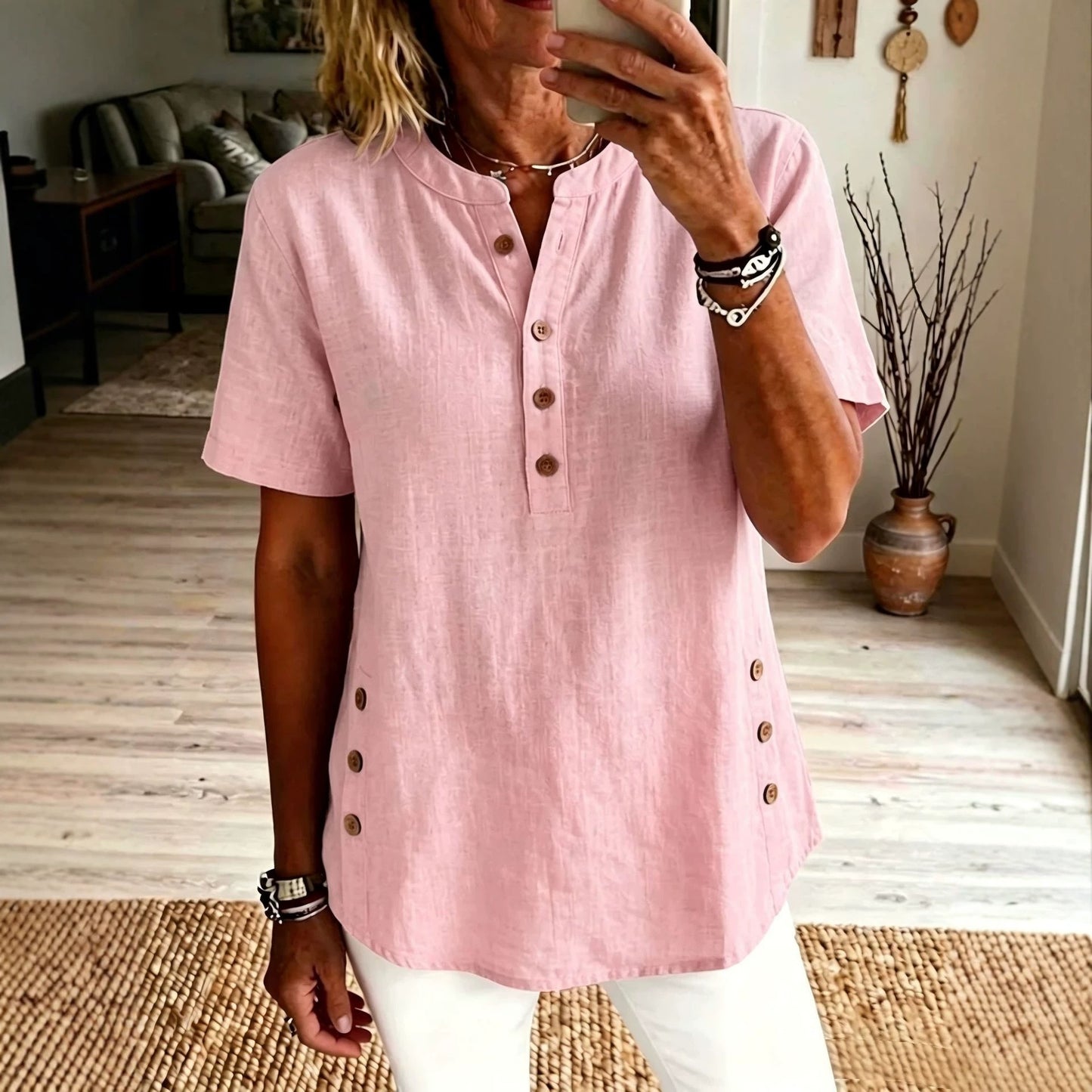 Women's Collar Half Sleeve Side Breasted Loose Casual Women's T-shirt