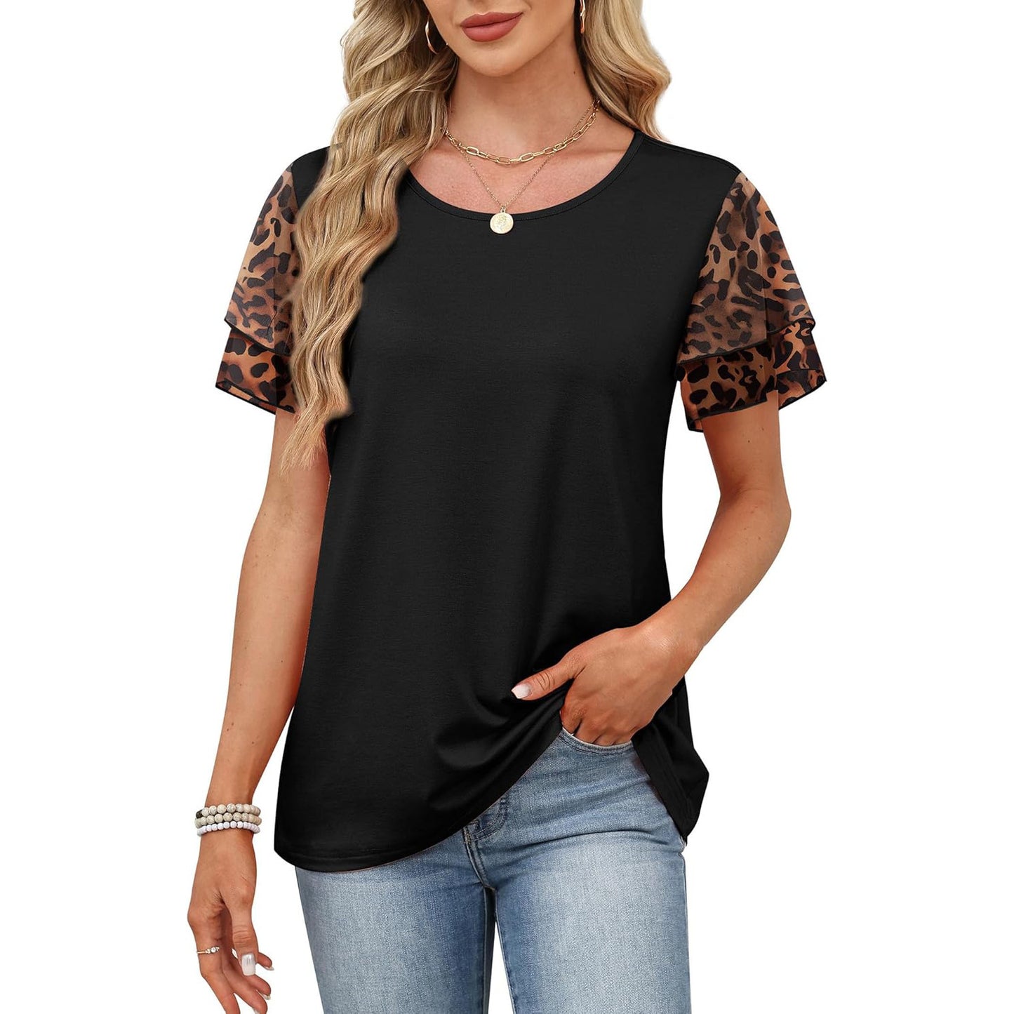Women's Round Neck Printed Contrast Color Double Tops