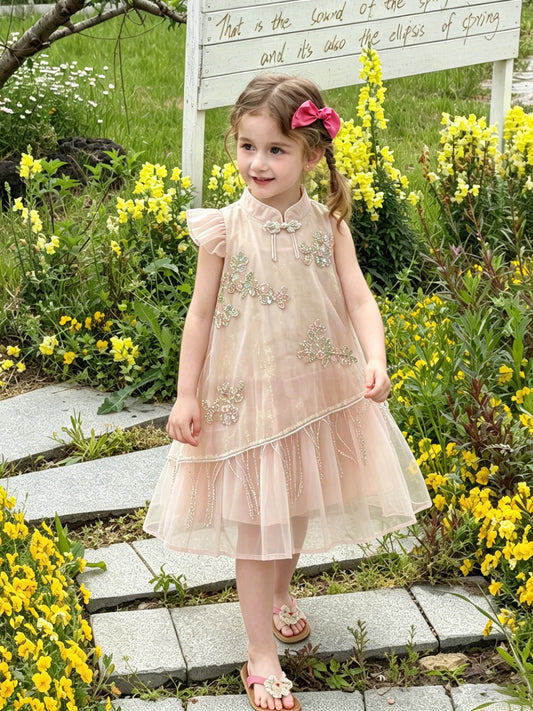 Summer Cotton Embroidery Beads Mesh Princess Children's Dress