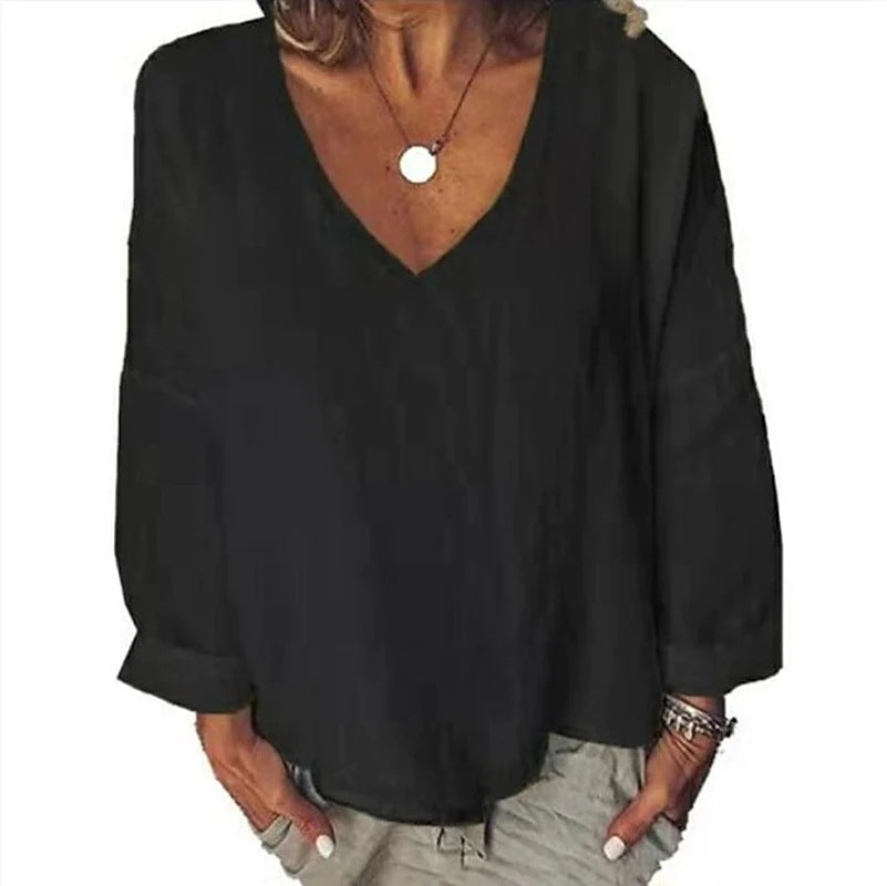 Women's Large Cotton Linen Solid Color Long-sleeved Blouse