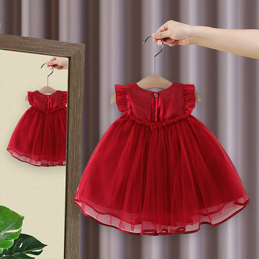 Children's Summer Twilight Yarn Flounced Sleeve Princess Bow Children's Dress