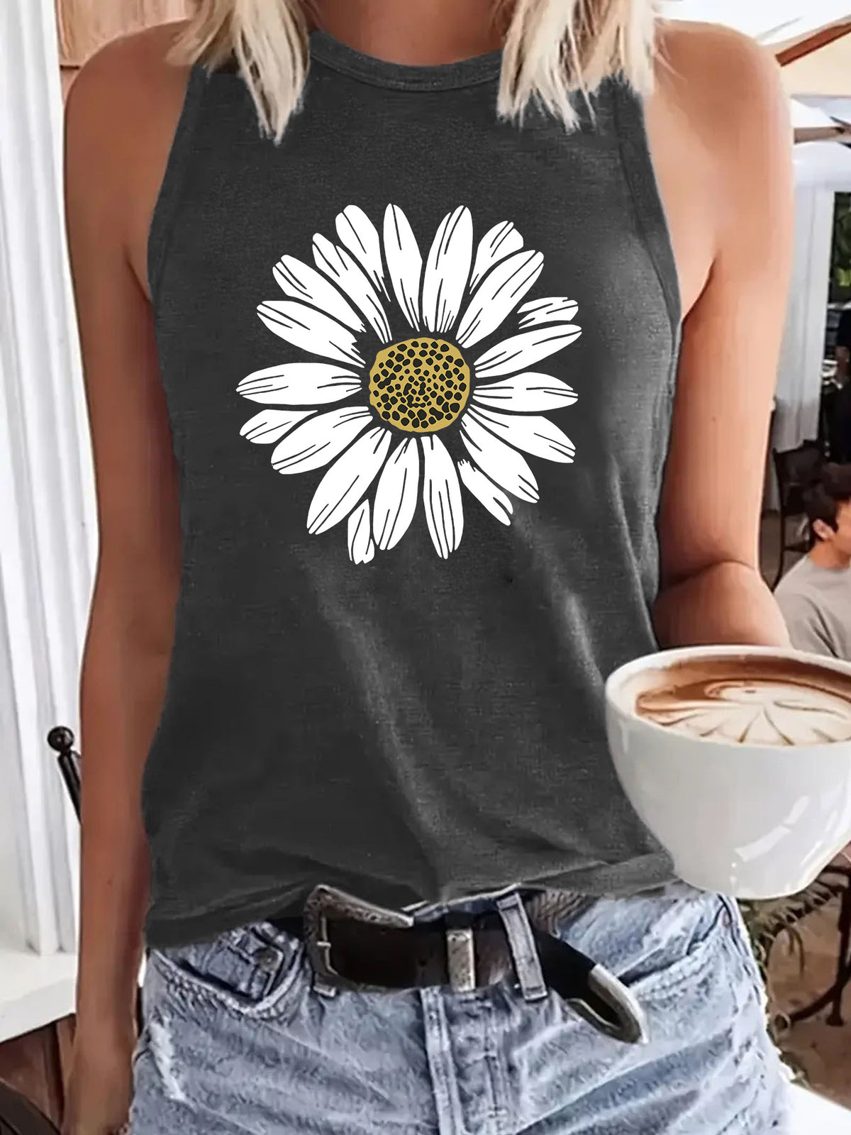 Women's Sleeveless Sunflower Print Loose Comfort Casual Fashion Tops