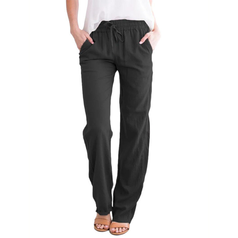 Women's Solid Color Cotton Linen Drawstring Loose Casual Pants