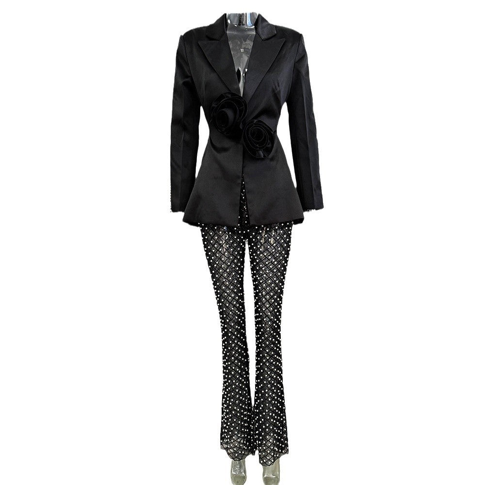 Early Spring Beaded Three-dimensional Flower Pearl Fashion Casual Suit