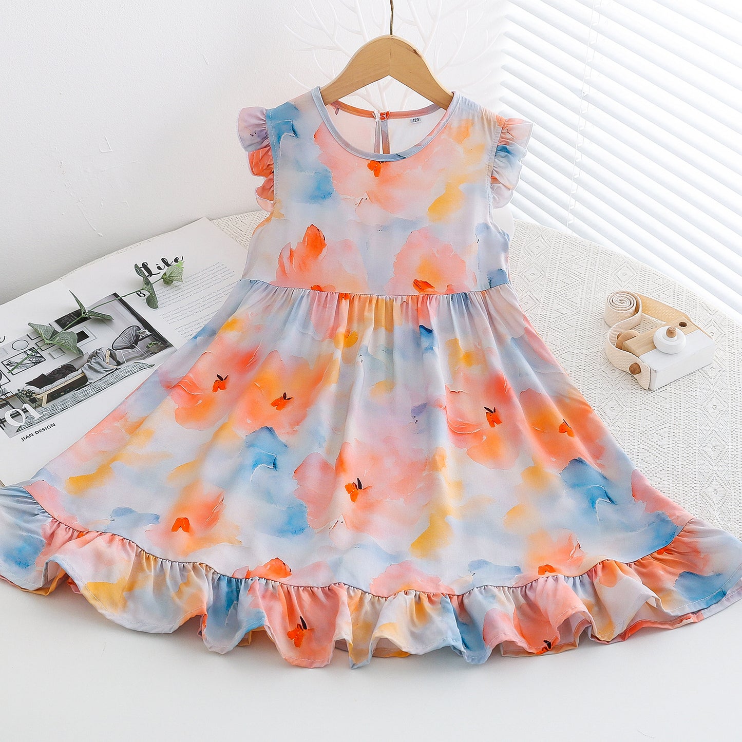 Fresh Flounced Sleeve Floral Cotton Summer Thin Cool Children's Dress