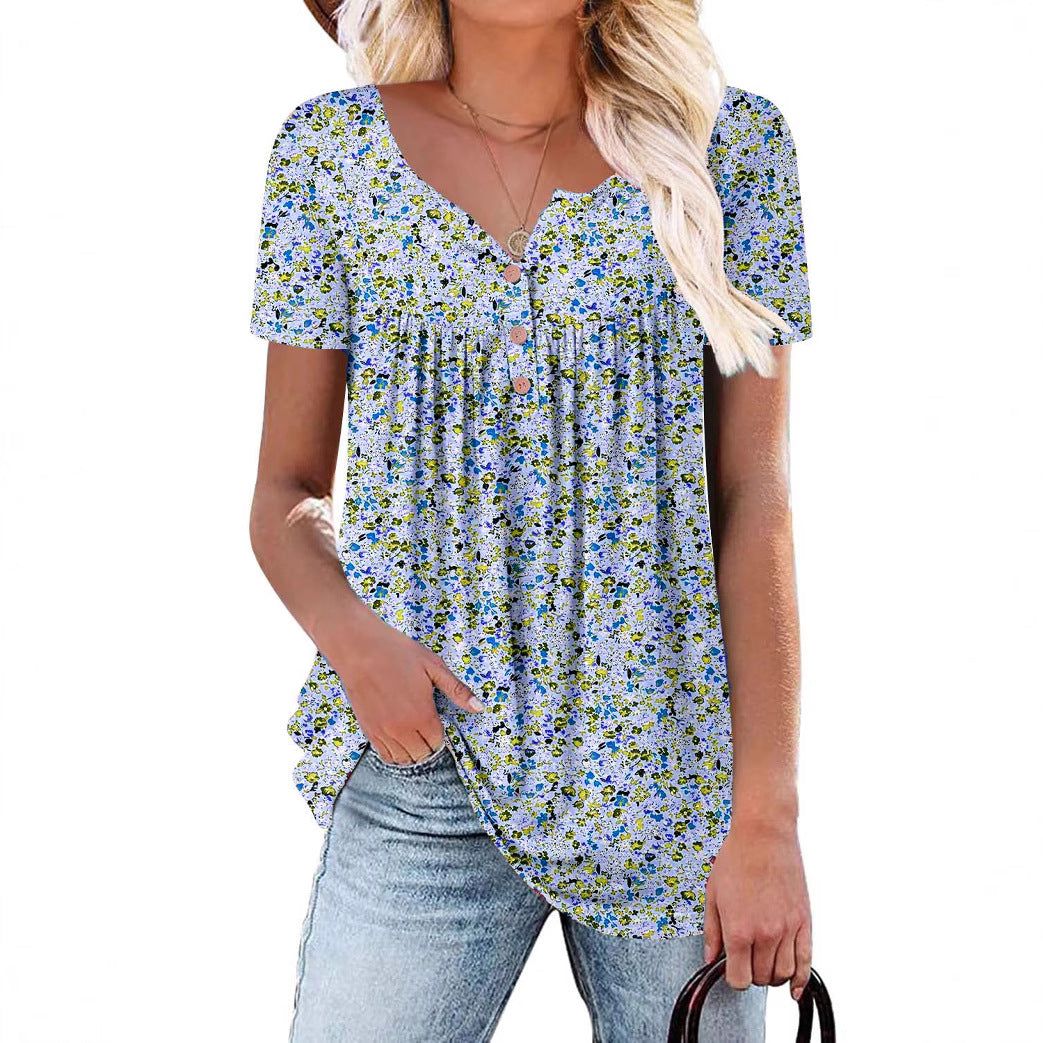 Summer Round Neck Button Small Floral Casual Women's T-shirt