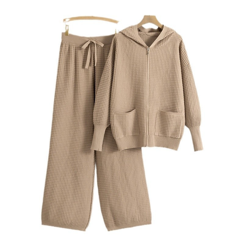 Women's Autumn Zipper Hooded Knitted Plaid Two-piece Clothing