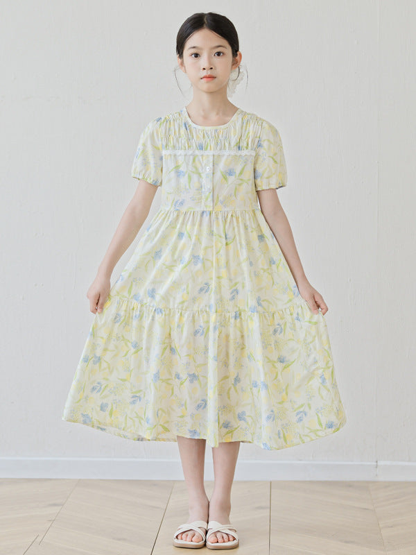 Floral Skirt Summer Bubble Sleeve Mid-length Printed Children's Dress