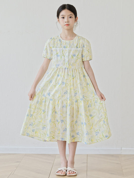 Floral Skirt Summer Bubble Sleeve Mid-length Printed Children's Dress