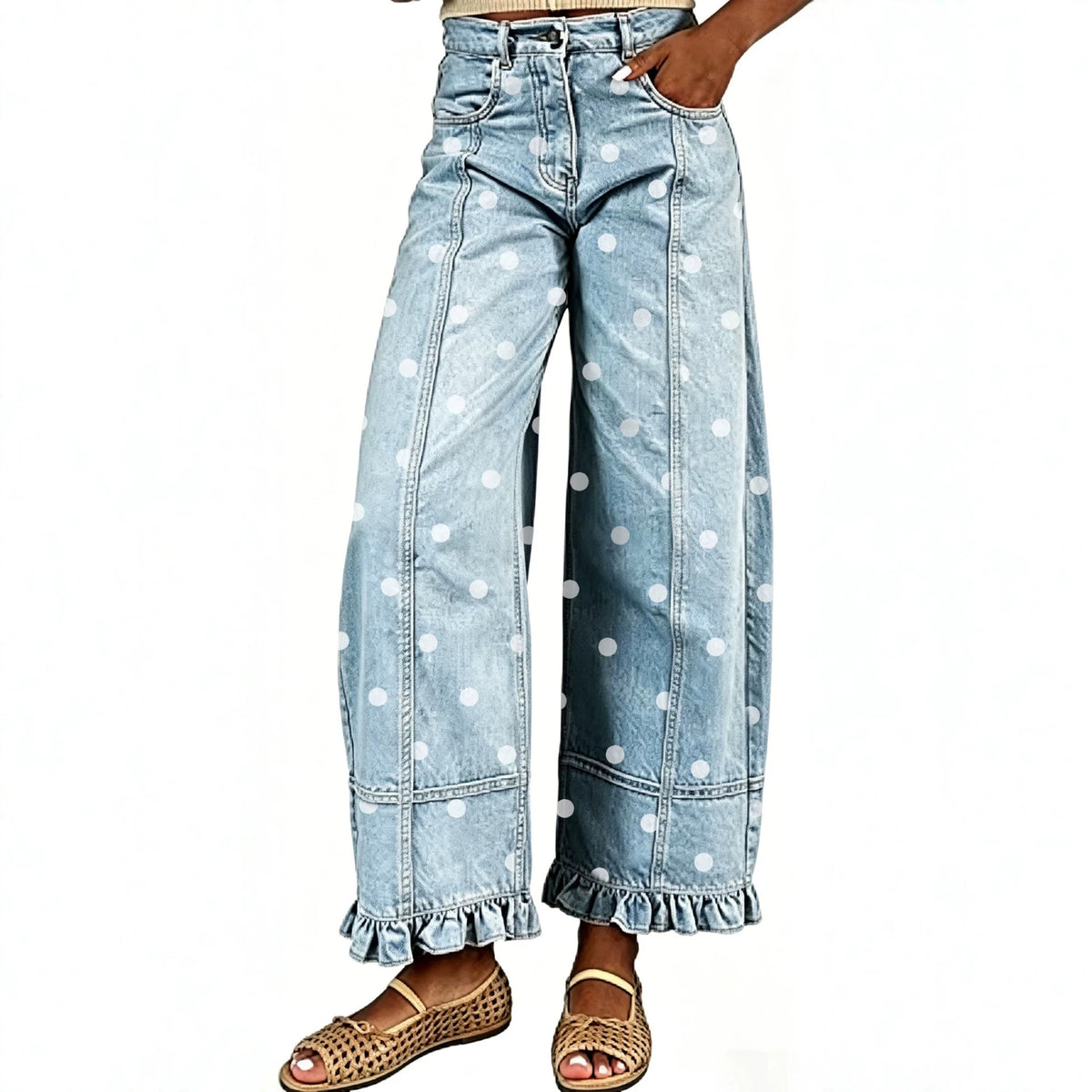 Women's Waist Polka-dot Ruffled Design Sense Fashion Jeans