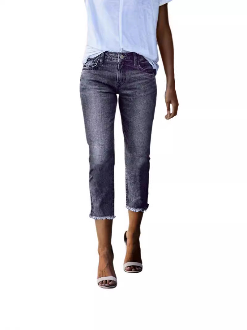 Women's Summer Washed Fashionable Stretch Slim Cropped Women's Jeans