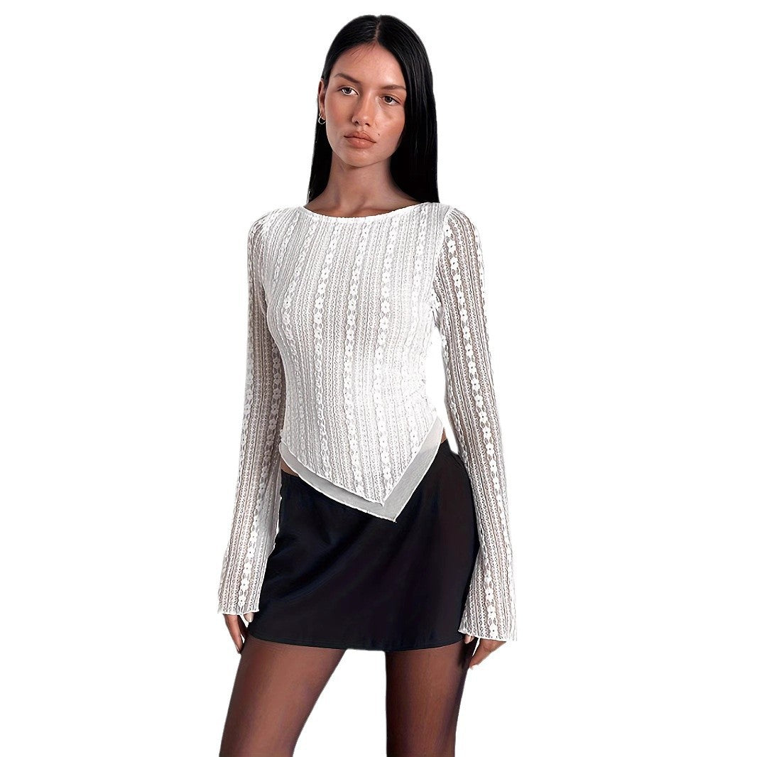 Summer Fashion Temperament Pure Color Long Lace Shirt, Chiffon Shirt