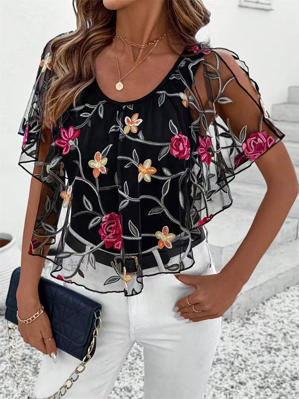Summer Printed Stitching Casual Short-sleeved T-shirt Lace Shirt, Chiffon Shirt