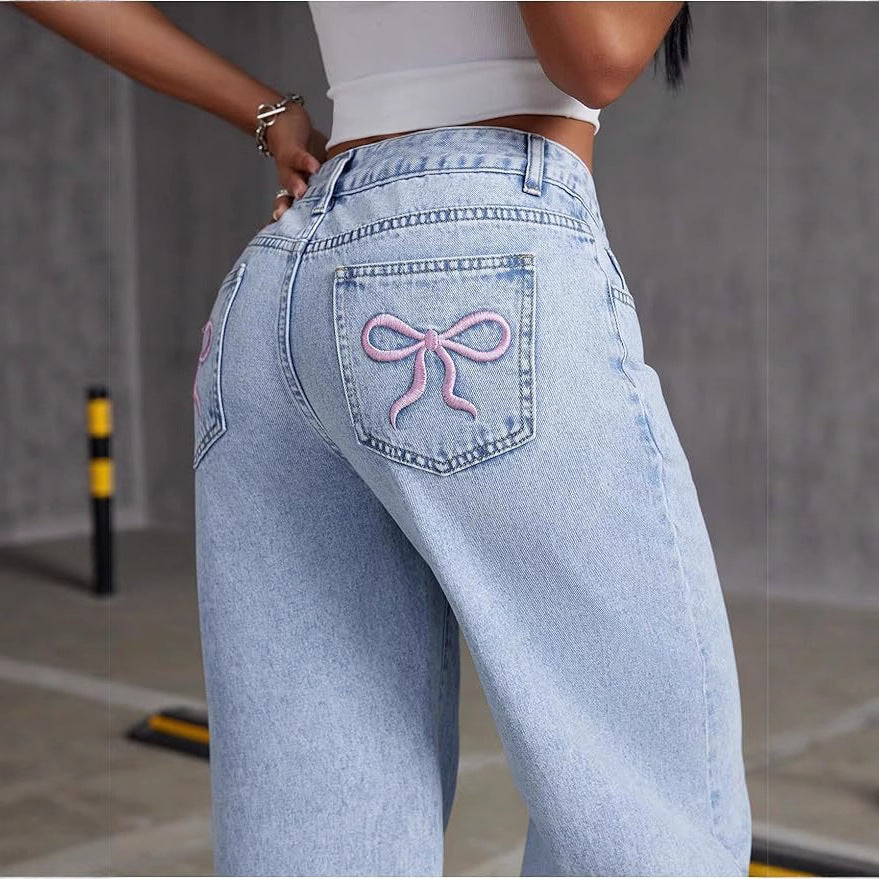 Women's Embroidered High Waist Straight Loose Trousers Women's Jeans