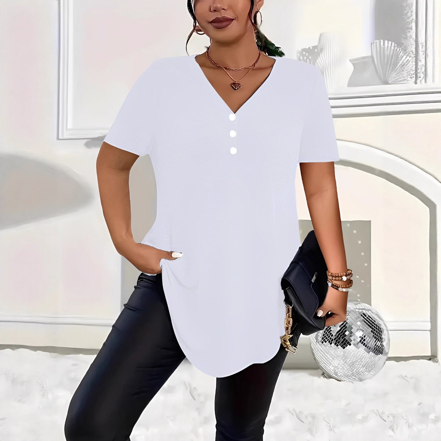 Women's Spring Fashion Solid Color Button Sleeve Women's T-shirt