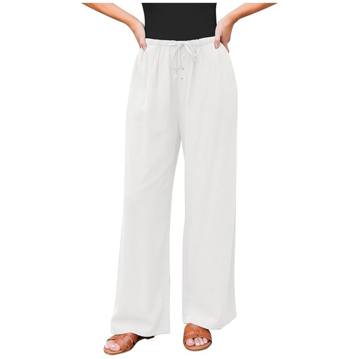 Women's High Waist Comfortable Wide Leg Drawstring Pocket Button Casual Pants